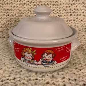 Campbell’s Soup red and white crock bowl with lid.